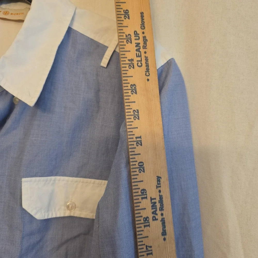 Tory Burch Button Up Shirt Womens M Blue Colorblock Chambray Long Sleeve‎ Top